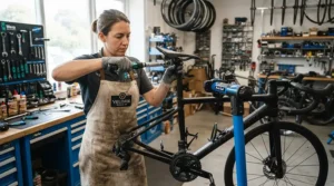 Bicycle mechanic adjusting the tilt of road racing saddles on a professional workstand