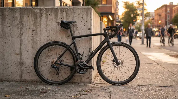 Minimalist road racing saddles mounted on a matte black carbon road bike outdoors