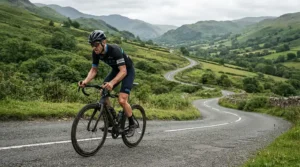 Rider out of the saddle climbing a steep asphalt hill using ergonomic road racing saddles