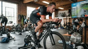 Cyclist leaning forward into an aggressive racing riding position while testing road racing saddles