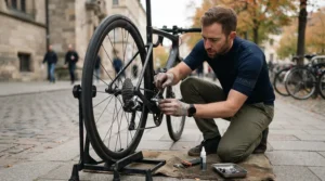 Commuter installing an ergonomic saddle for numbness cycling onto a hybrid city bicycle