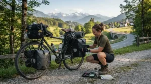 Rider preparing a touring bike with a specialized saddle for numbness cycling for a weekend sportive