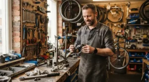 Mechanic holding a new saddle for numbness cycling inside a busy local bike shop